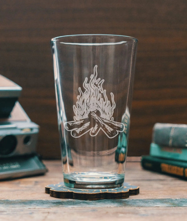 Laser Engraved Pint Glass with Campfire Design