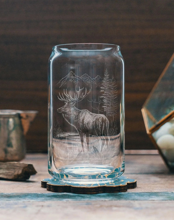 Elk Scene Etched Beer Can Glass