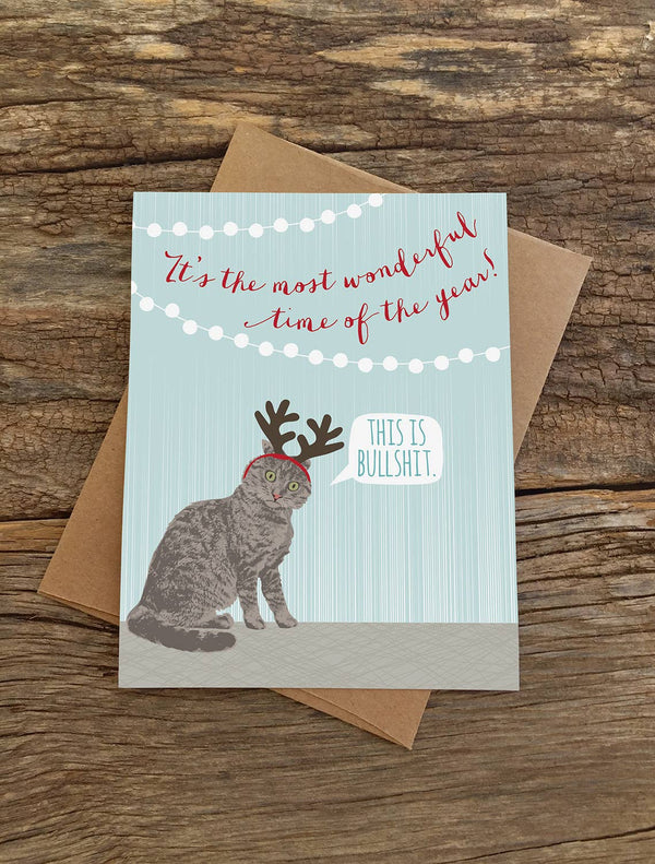 Wonderful Time Cat Antlers Holiday Card