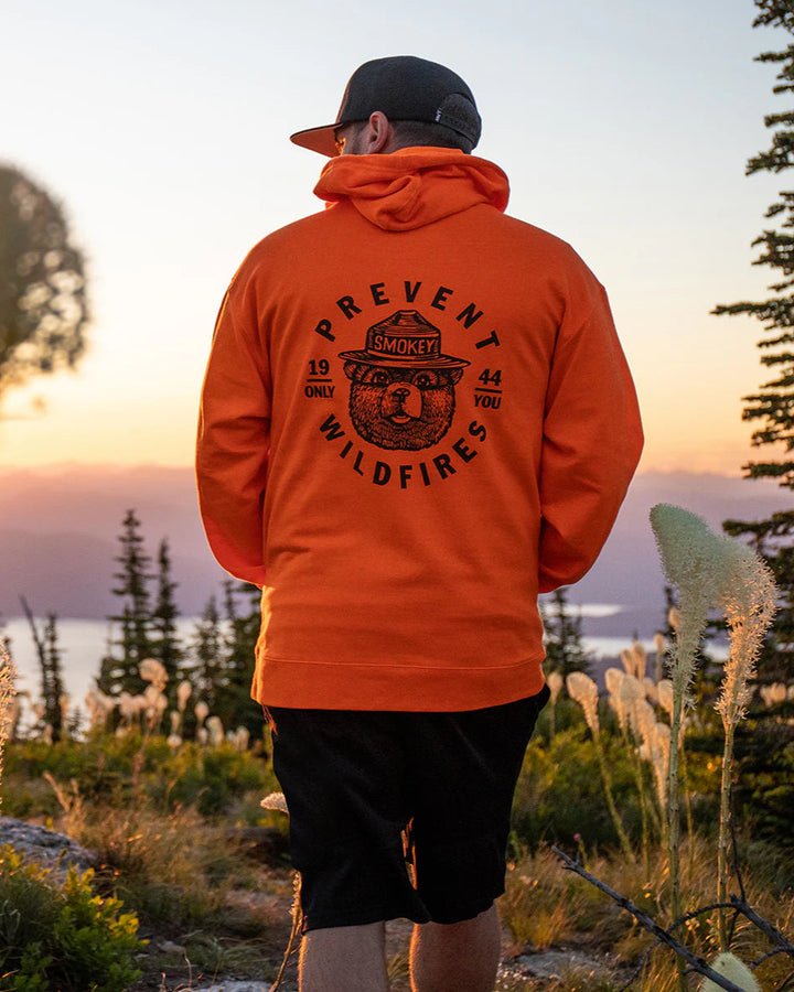 Person wearing an orange hoodie with 'Prevent Wildfires' text and Smokey Bear graphic, standing in a natural setting.