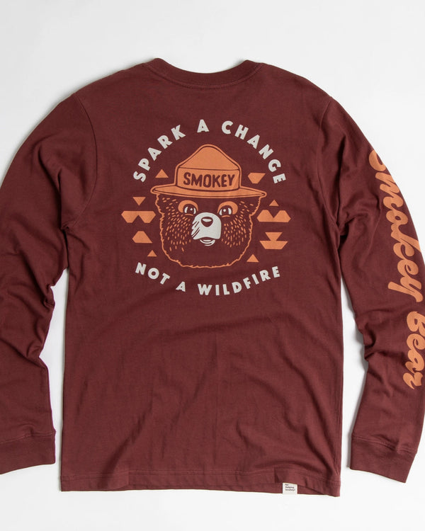Maroon long-sleeve shirt with Smokey Bear graphic on a white background