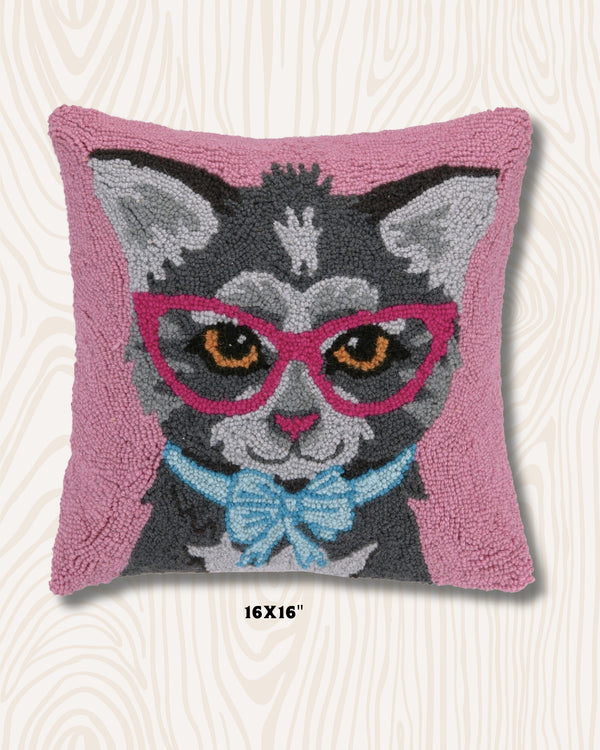 Whimsical Cat Wool Hook Pillow | 16"x16"