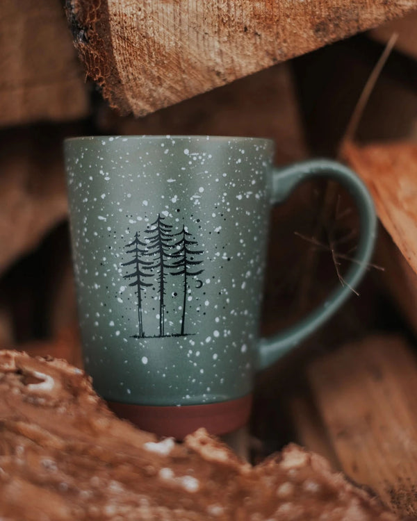 Green Speckled Mug with Three Trees and a Moon - 14 oz