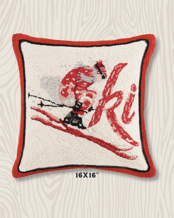Red Downhill Ski Wool Hook Pillow | 16" x 16"