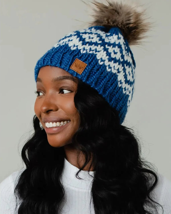 Fleece Lined Blue and White Knit Hat