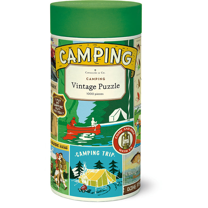  Embark on a nostalgic journey with this 1000-piece puzzle showcasing a classic vintage camping poster image. Delivered in a convenient 10-inch tube, the puzzle comes accompanied by a meticulously handsewn muslin bag, adding a touch of artisan charm to your puzzle-solving experience.