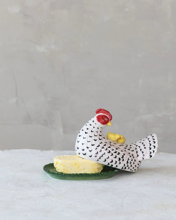 Hand-Painted Stoneware Hen+Chicks Butter Dish