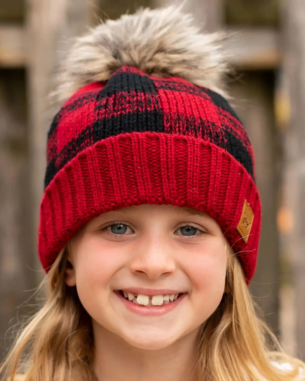 Kids Buffalo Plaid Beanie w/Pom