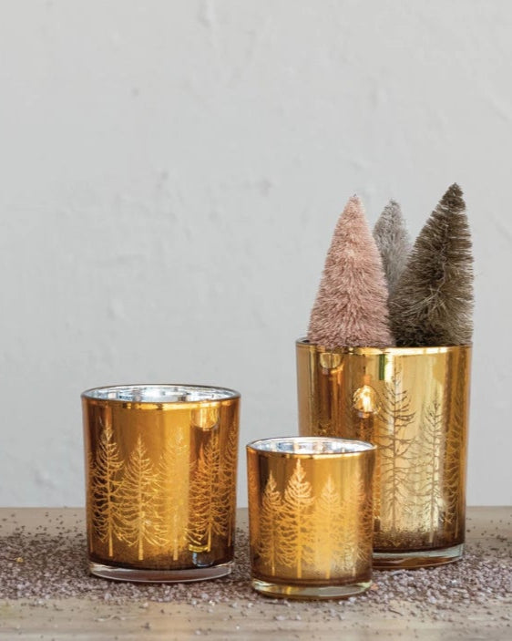 Etched Tree Gold Mercury Glass Tealight Holder