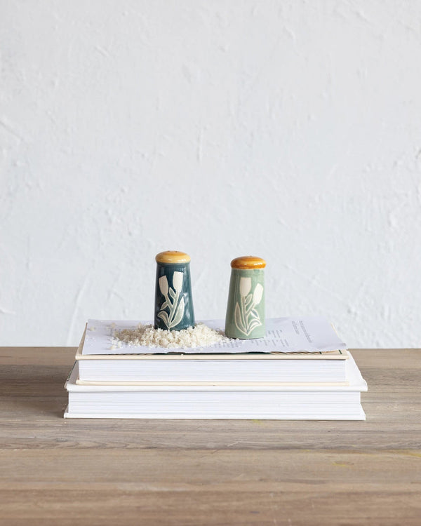 Hand-Painted Stoneware Salt & Pepper Shakers w/ Wax Relief Flowers | Set of 2