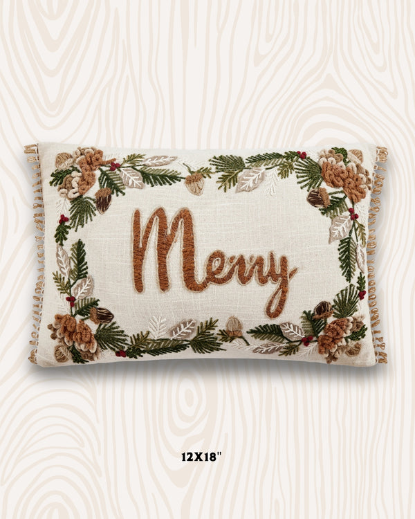Merry Embroidered Pillow | 12x18