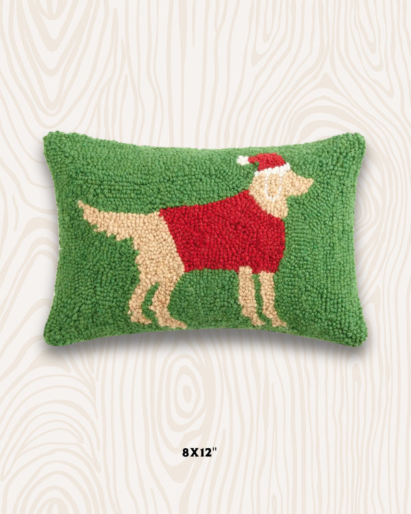 Santa Golden Retriever Handmade Wool Hook Pillow | 8x12