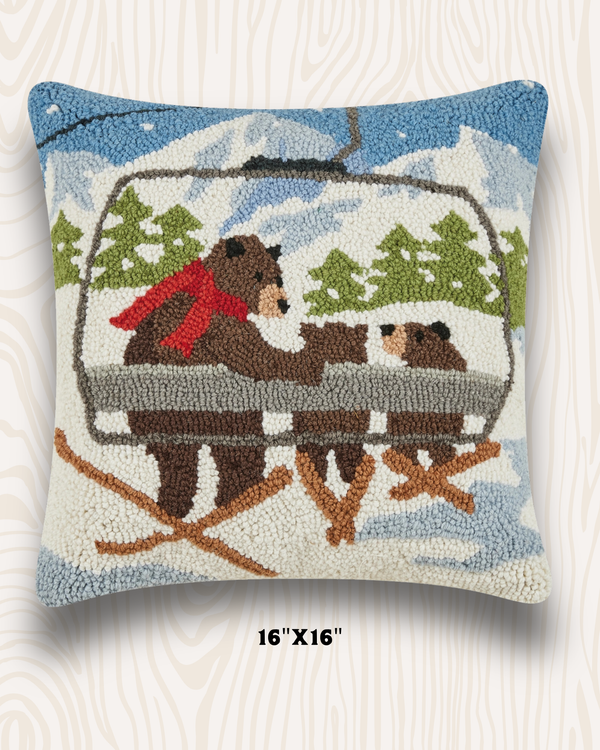 Ski Lift Bears Wool Hook Pillow | 16"x16"