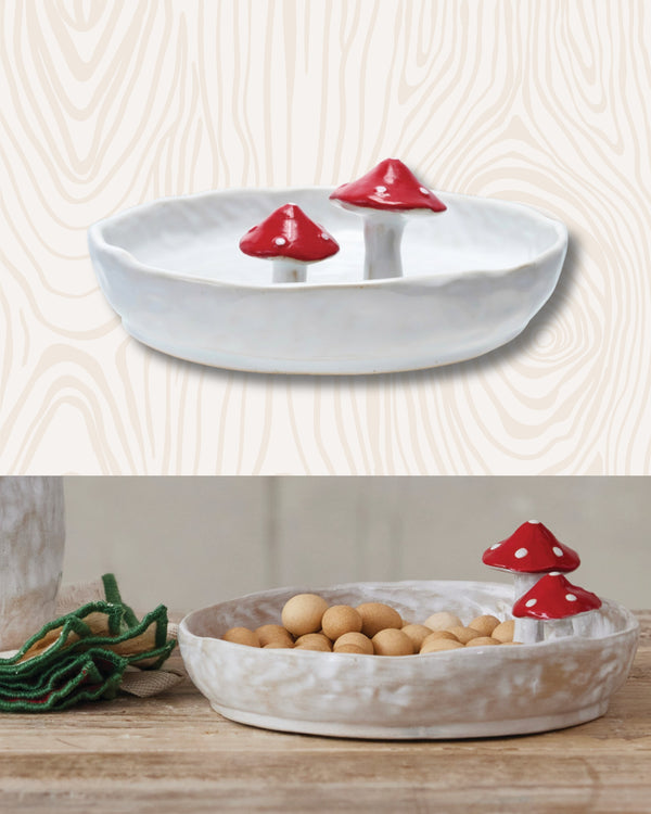 Hand-Painted Stoneware Plate with Mushrooms