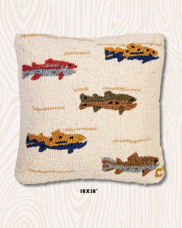 Trout Handmade Wool Hook Pillow | 18x18"
