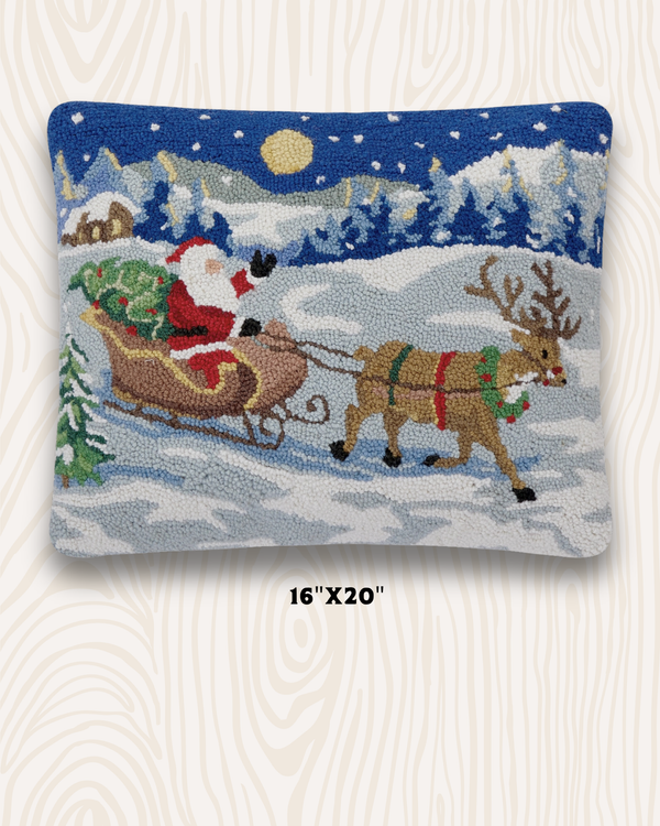 Snowy Santa Sleigh Ride Wool Hook Pillow | 16" x 20"