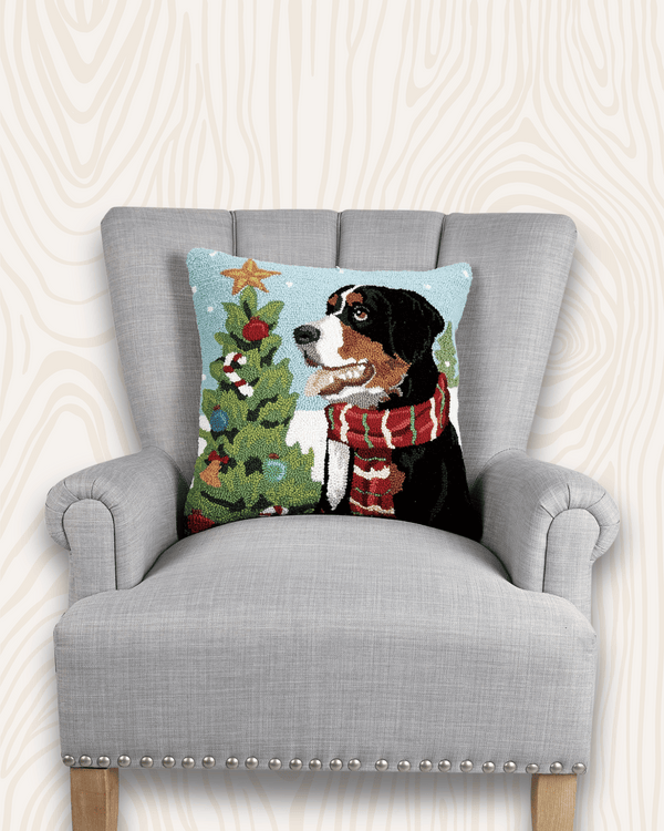 Bernese Mountain Christmas Wool Hook Pillow | 18x18