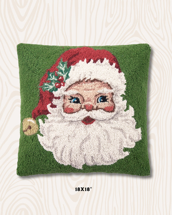 Handmade Santa with Holly Wool Hook Pillow | 18x18