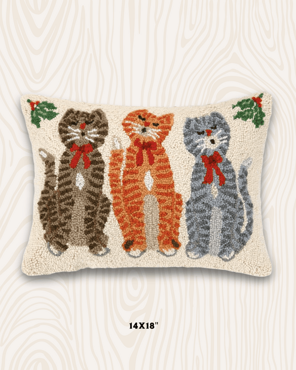 Caroling Cats Handmade Wool Hook Pillow | 14x18