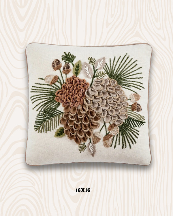 Pine Cone Embroidered Pillow | 16x16