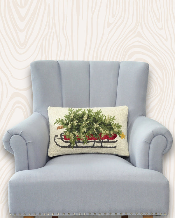Christmas Tree + Sled Handmade Wool Hook Pillow | 12x18