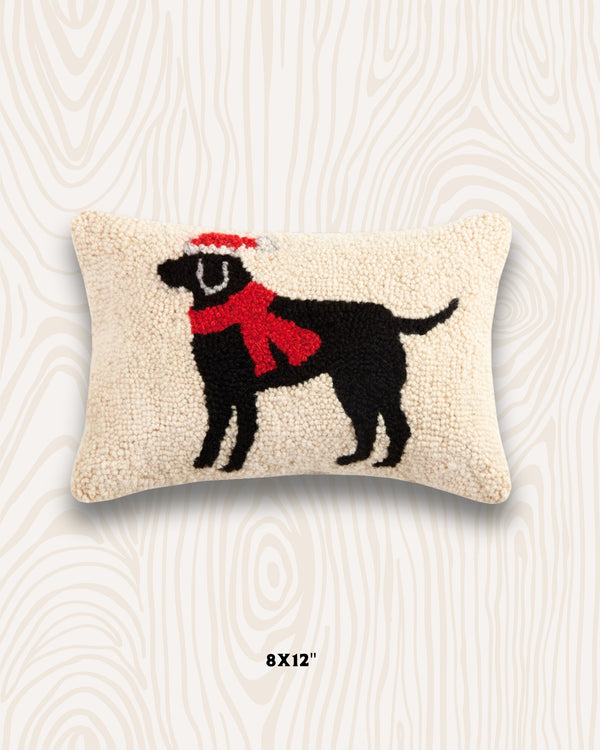 Black Lab Santa Handmade Wool Hook Pillow | 8x12