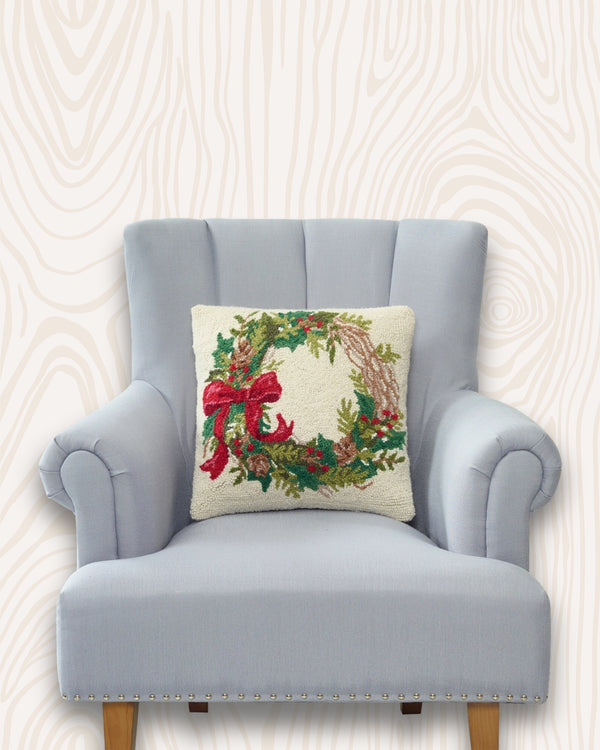 Festive Wreath Handmade Wool Hook Pillow | 16x16