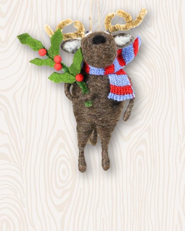 1 Handmade Reindeer with Holly Felt Ornament