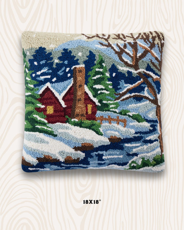 Snowy Cabin Handmade Wool Hook Pillow | 18x18