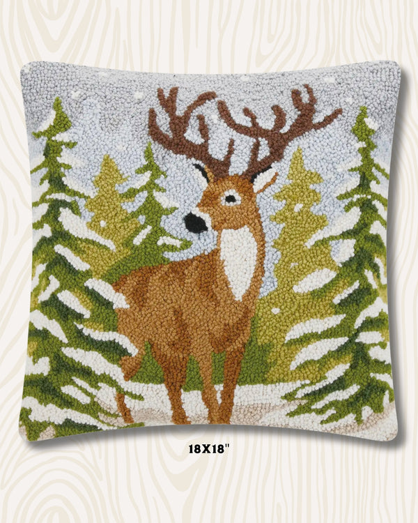 Winter Deer Wool Hook Pillow | 18"x18"
