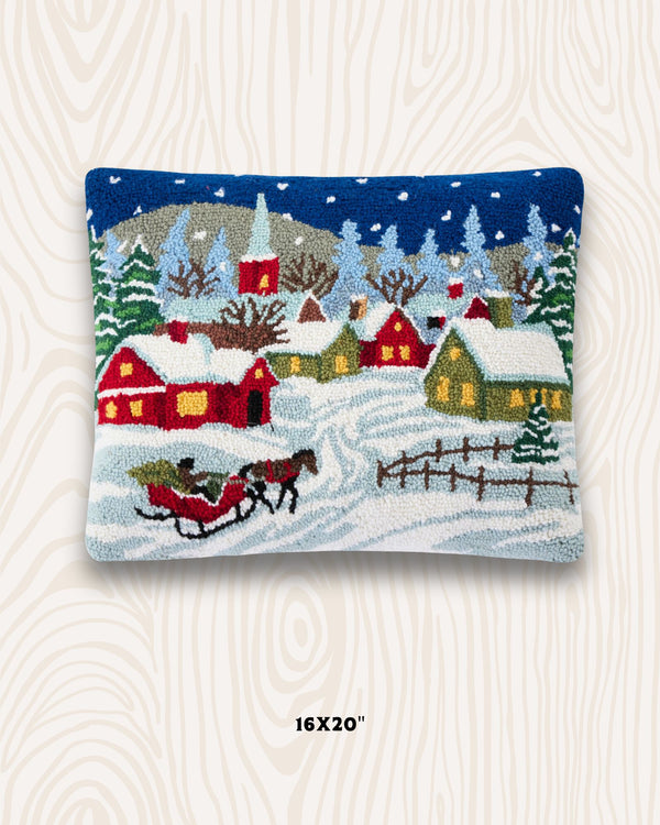 Snowy Night Handmade Wool Hook Pillow | 16x20