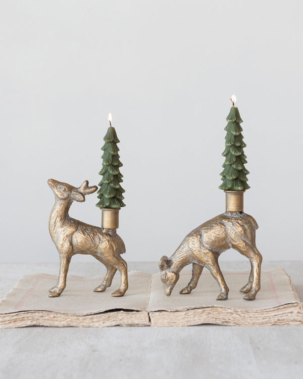 Cast Iron Deer Taper Holder, Whitewashed Gold Finish