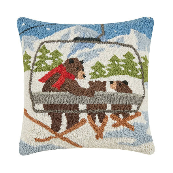Ski Lift Bears Wool Hook Pillow | 16"x16"