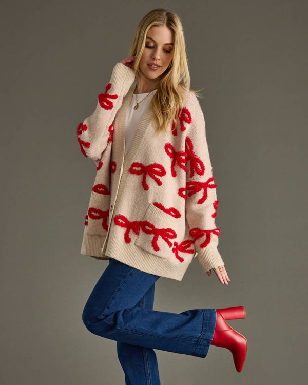 Tan & Red Bow Cardigan