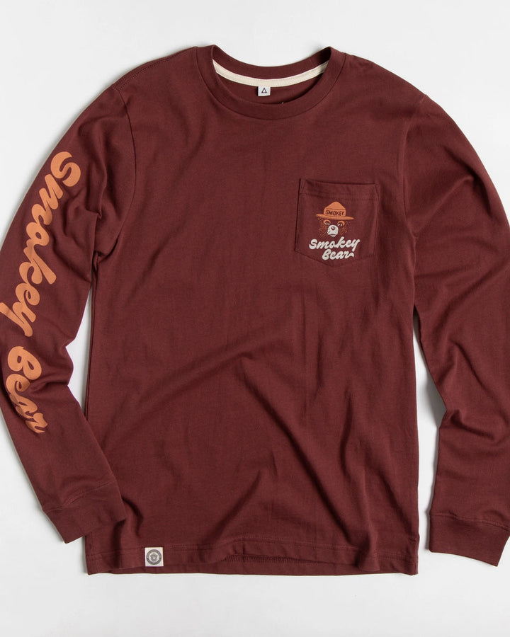 Maroon long-sleeve shirt with 'Smokey Bear' logo on a white background
