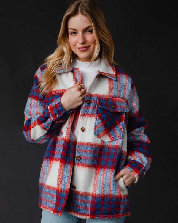 Red, Royal Blue and White Plaid Wool Blend Jacket