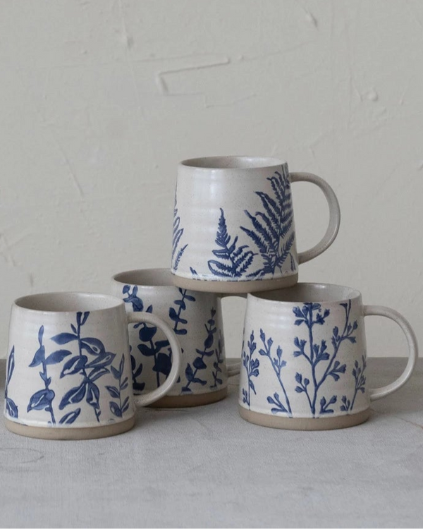 16 oz. Hand-Stamped Stoneware Mug w/ Botanicals, 4 Styles
