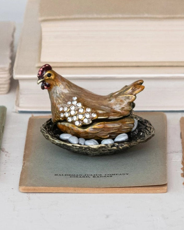 Enameled Metal Chicken On Nest Shaped Trinket Box w/ Jewels