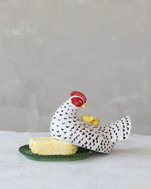 Hand-Painted Vintage Reproduction Hen Shaped Butter Dish with Chicks