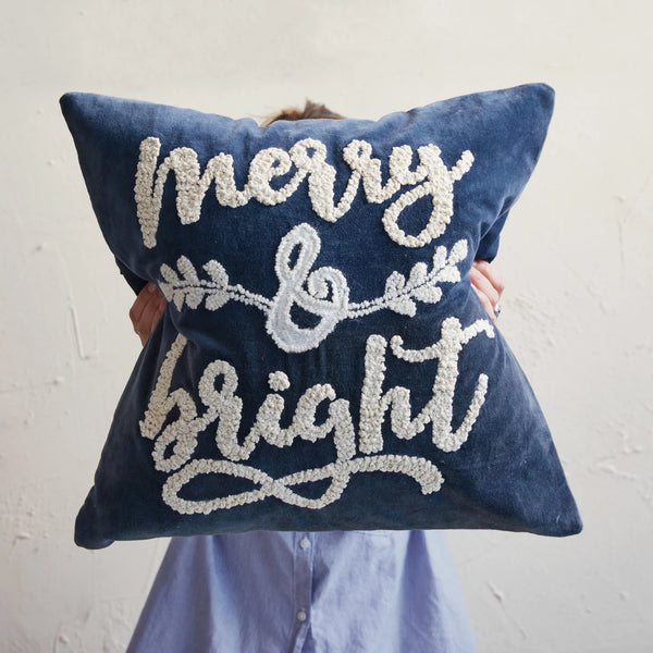 Embroidered Velvet Pillow "Merry & Bright" | 18"x18"