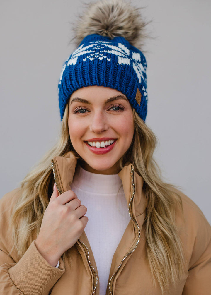 Blue and White Snowflake Pom Hat